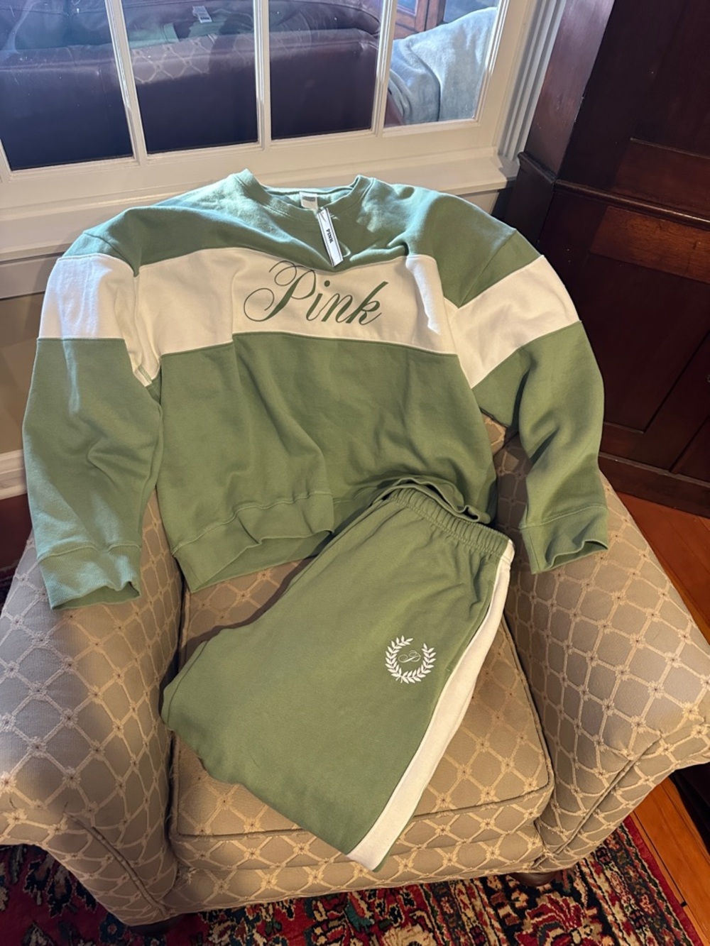 NWT PINK Victoria's Secret Olive Green & White Sweatshirt and Joggers